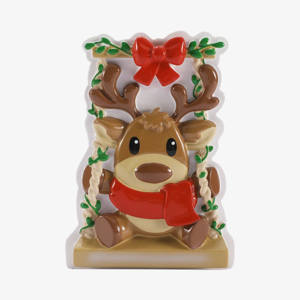 BABY REINDEER ON A GARDEN SWING RED AND GREEN ORNAMENT - OR3097-RG