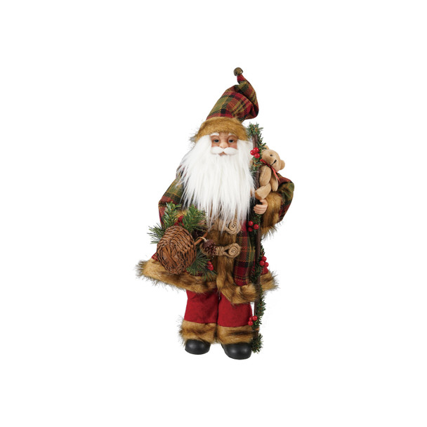 FABRIC AND FAUX FUR SANTA WITH PLAID PATTERN BEAR AND BASKET - XT1886