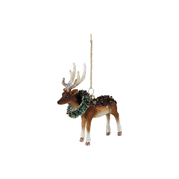 HANDPAINTED GLASS DEER WITH WREATH ORNAMENT - XT2372