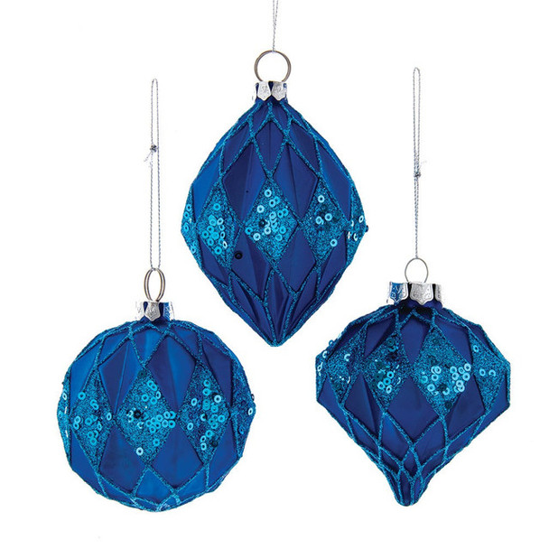 80MM BLUE GLASS GLITTERED AND SEQUINED ORNAMENT - GG1015