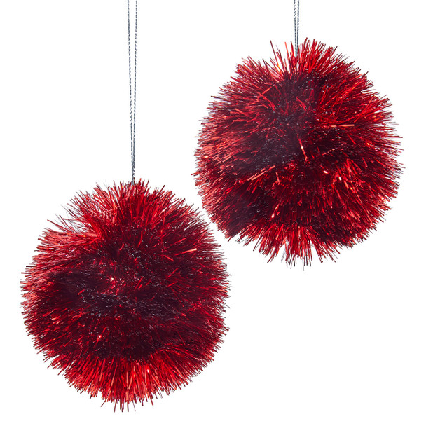 RED TINSEL BALL ORNAMENT SET OF 2 - H6536