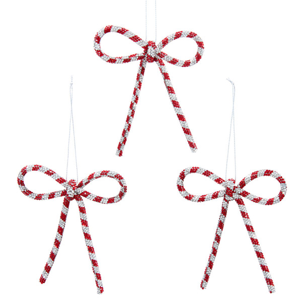 RED AND SILVER BOW ORNAMENT - SET OF 3 - H7630