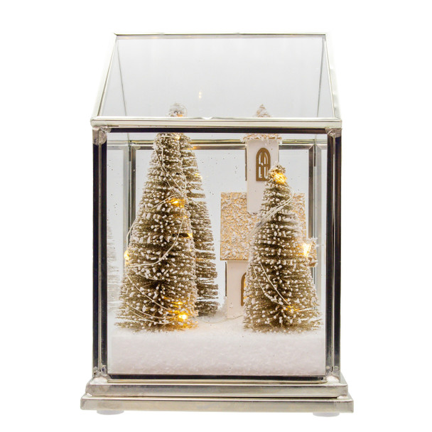 LED LIGHTED GLASS LAMPSHADE HOUSE WITH CHURCH AND TREE - JEL1441