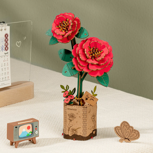 RED CAMELIA - DIY WOODEN FLOWER BOUQUET - 3D WOODEN PUZZLE - TW031