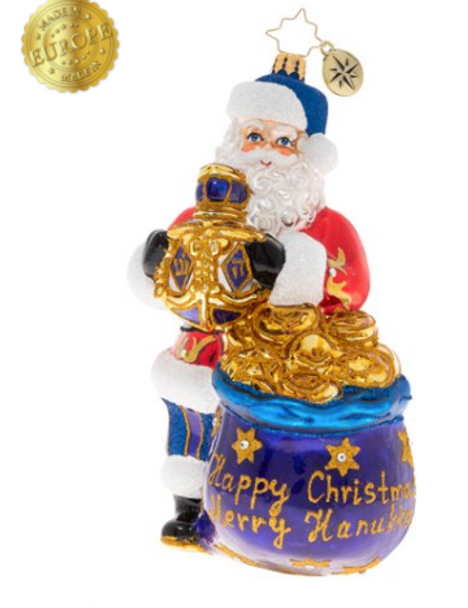 Santa gets to celebrate both Hanukkah and Christmas, what wonderful cards to be dealt. Now let's sing a Christmas carol while we take turns spinning the dreidel!