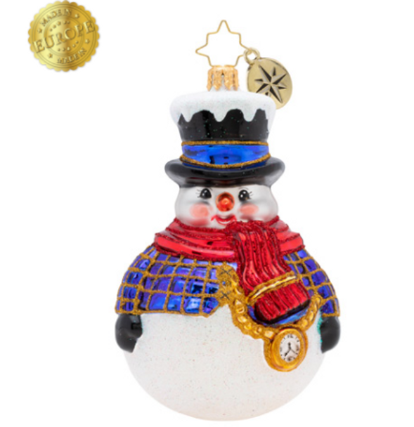 Round and round, he rolls! Our dapper snowman is ready for winter with his warm red scarf and adorable top hat!