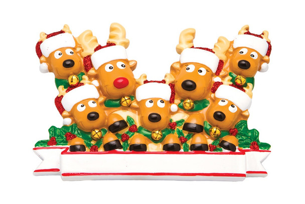 FAMILY OF 7 REINDEER IN SANTA HATS AND HOLLY ORNAMENT - OR1527-7