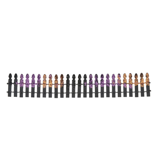 A black picket fence adorned with orange and purple glitter is perfect for trimming your Village yard. This general accessory is hand-crafted, hand-painted, wood.