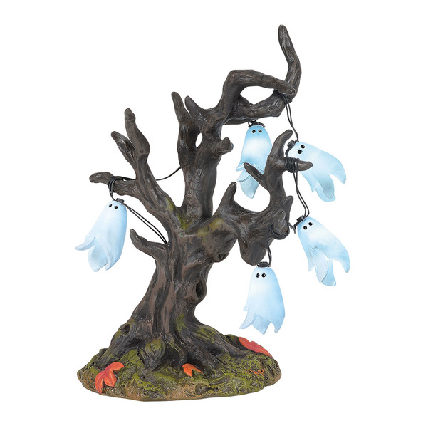 A string of lit ghosts hang in an old tree, making a perfect Village yard decor. This Village tree is hand-crafted, resin. Battery box included, 2 C batteries required.