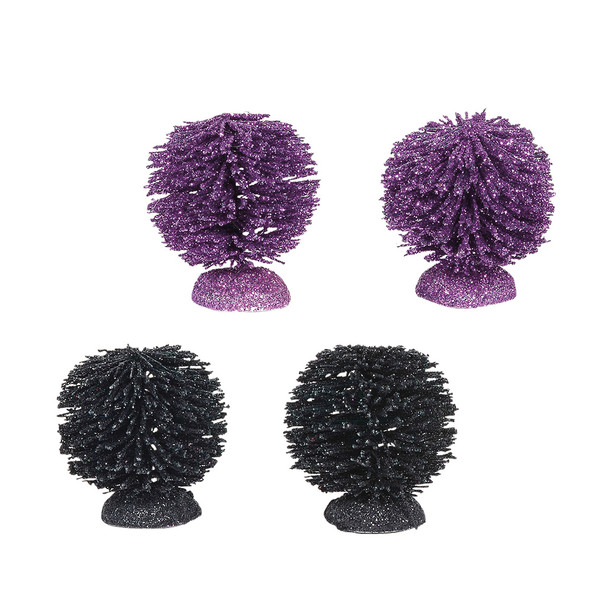 Set of 4 Village shrubs add to your Village display. 2 black and 2 purple. This Village tree set is hand-crafted, sisal.
