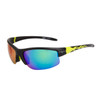 Xsportz™Wholesale Sports Sunglasses - Style # XS607 Black w/Yellow Flames and Blue Flash Mirror