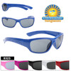 Great Kids sport style sunglasses.  The slightly curved shape helps hold the glasses to the childs face.  This style comes in 6 great color choices making this a perfect unisex style.   