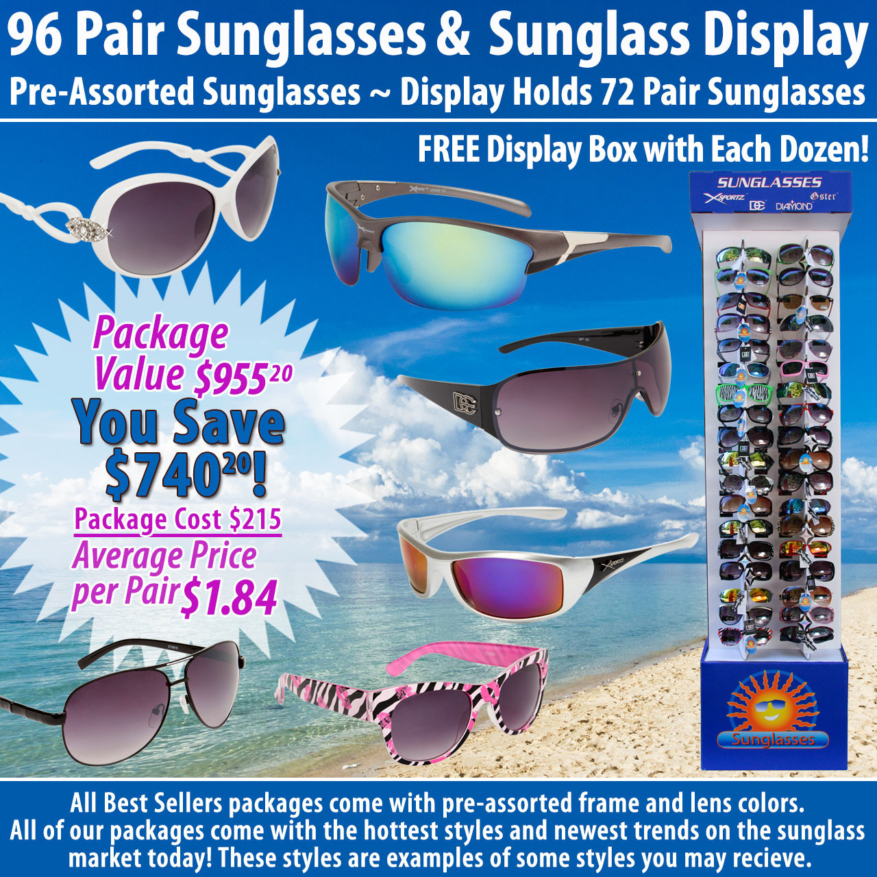 Package Deal SPA14 ~ 96 Pair Sunglasses & 7002 Display (96 pcs.) Display Holds 72 Pair
