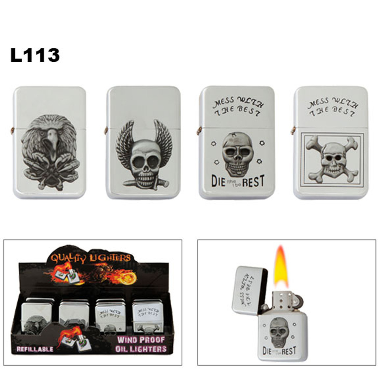Refillable Wholesale Oil Lighters with assorted skull emblems