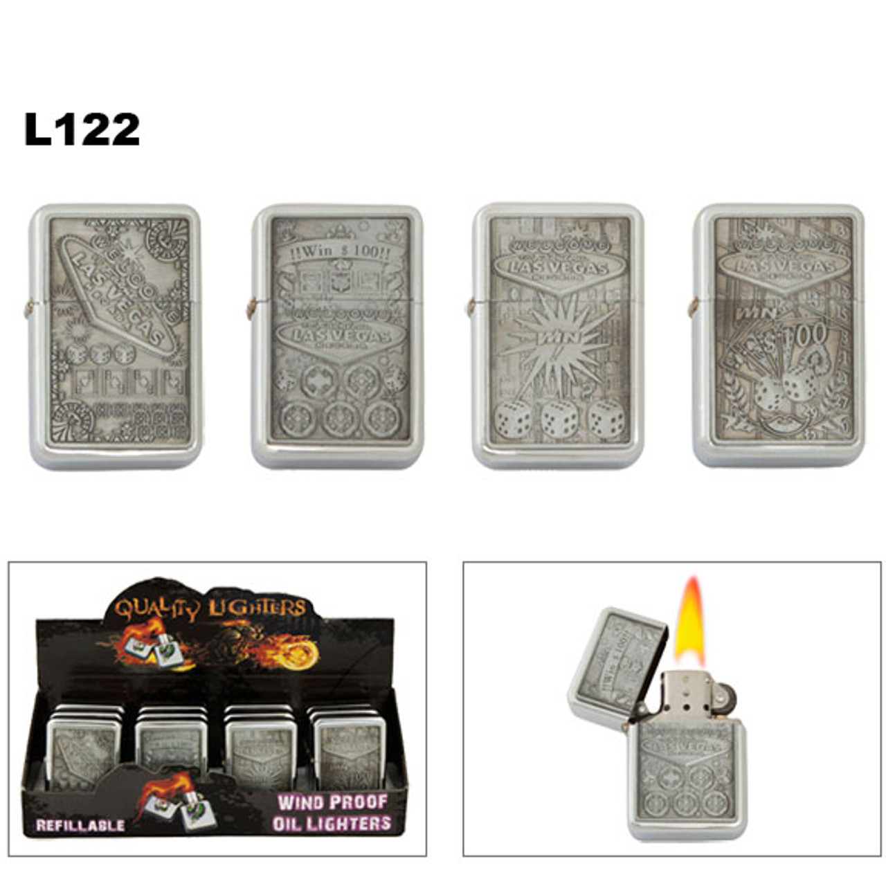 Oil Lighters Assorted Las Vegas # L122 (1 doz.) Lighter fluid NOT included.