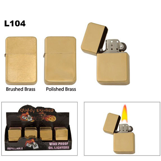 Brass Finished Steel Lighters L104 (1 doz.) Lighter fluid NOT included.