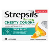 Strepsils Herbal Chesty Cough+ Triple Relief Sore Throat Lozenges Honey Lemon 32s 