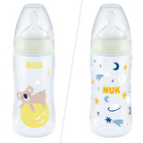 NUK First Choice+ Night Baby Bottle 6-18m 300ml, Glow-In-The Dark, Anti-Colic, Temperature Control, Silicone Teat, BPA-Free - Assorted