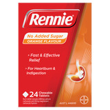 Rennie No Added Sugar Indigestion and Heartburn Relief Orange, 24 Chewable Tablets