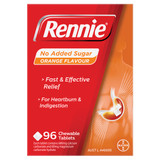 Rennie No Added Sugar Indigestion and Heartburn Relief Orange, 96 Chewable Tablets