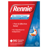 Rennie No Added Sugar Indigestion and Heartburn Relief Peppermint, 96 Chewable Tablets