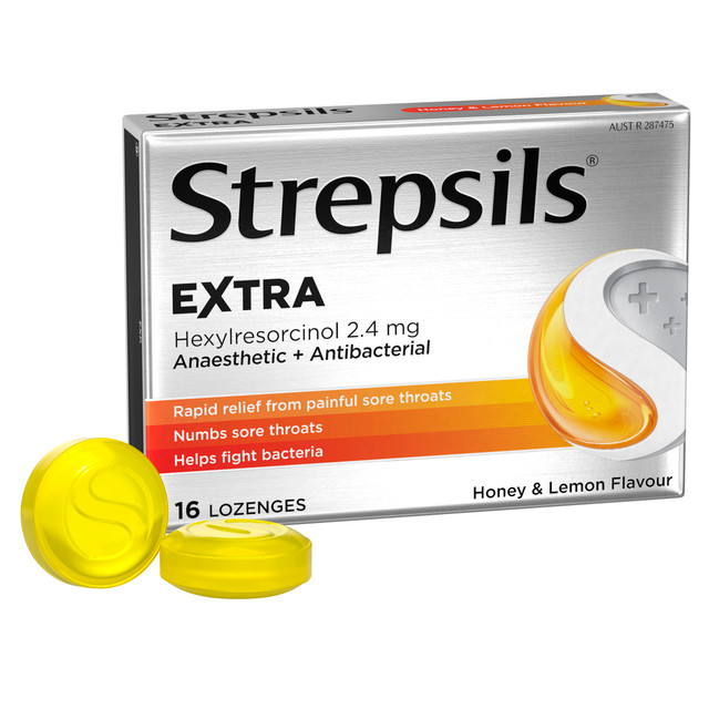 Strepsils Extra Honey and Lemon Fast Numbing Sore Throat Pain Relief with Anaesthetic Lozenges 16pk Strepsils Extra Honey and Lemon Fast Numbing Sore Throat Pain Relief with Anaesthetic Lozenges 16pk