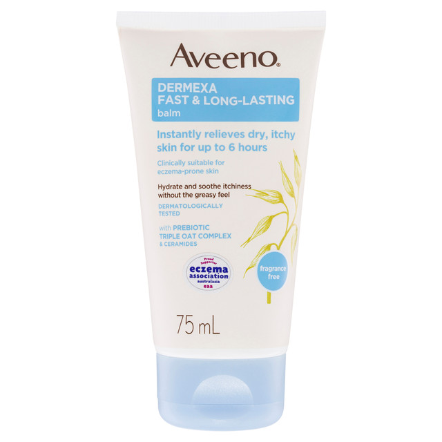 Aveeno Dermexa Fast & Long Lasting Fragrance Free Body Balm Soothe & Moisturise Dry Itchy Sensitive Eczema Prone Skin 75mL