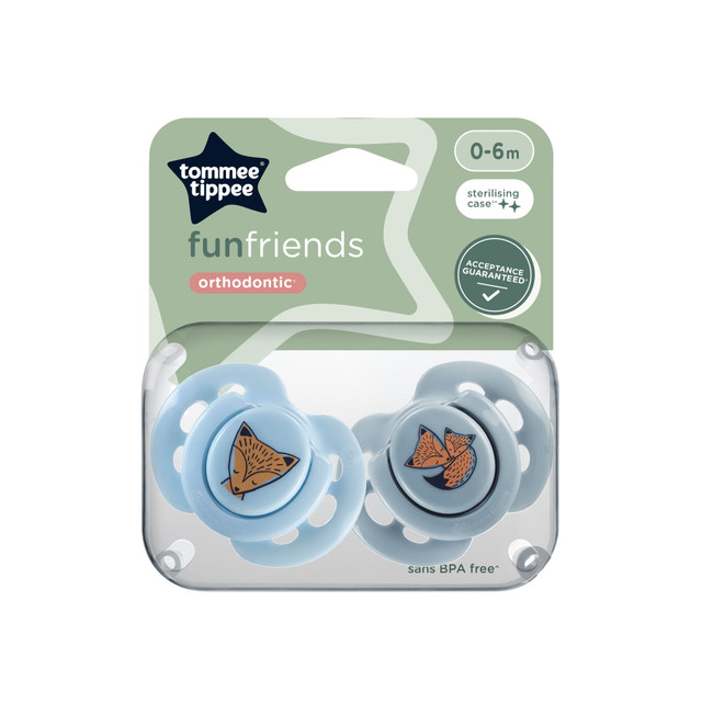 Tommee Tippee Fun Soother, 0-6 months, 2 pack, BPA free, Reusable steriliser pod Tommee Tippee Fun Soother, 0-6 months, 2 pack, BPA free, Reusable steriliser pod