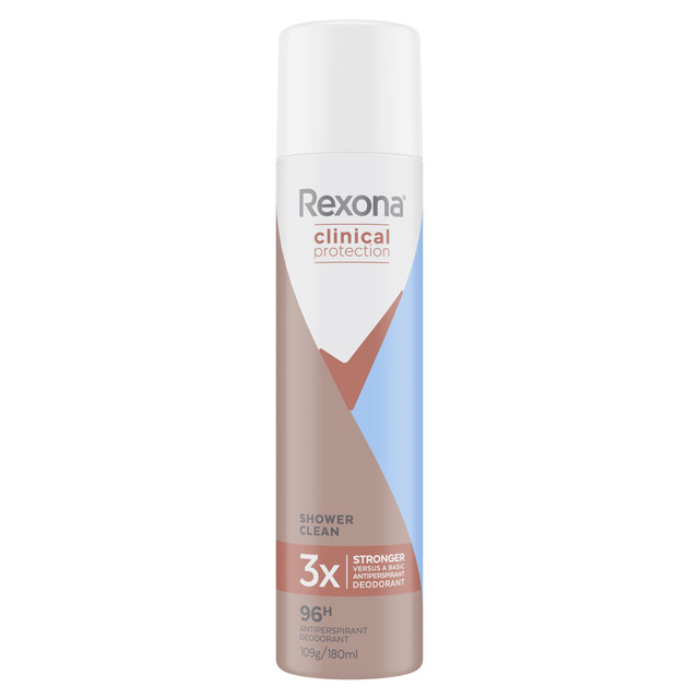 Rexona Women Clinical Protection Antiperspirant deodorant aerosol Shower Clean for 3x stronger protection* 180 mL Rexona Women Clinical Protection Antiperspirant deodorant aerosol Shower Clean for 3x stronger protection* 180 mL