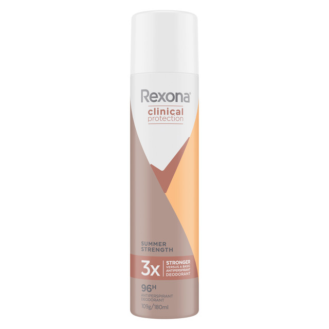 Rexona Women Clinical Protection Antiperspirant deodorant aerosol Summer Strength for 3x stronger protection* 180 mL Rexona Women Clinical Protection Antiperspirant deodorant aerosol Summer Strength for 3x stronger protection* 180 mL