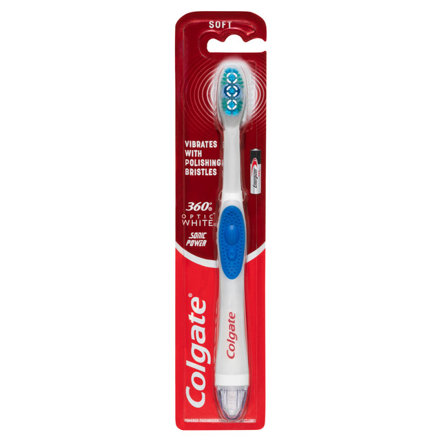 Colgate 360° Optic White Battery Powered Whitening Toothbrush, 1 Pack, Soft with Vibrating & Polishing Bristles Colgate 360° Optic White Battery Powered Whitening Toothbrush, 1 Pack, Soft with Vibrating & Polishing Bristles