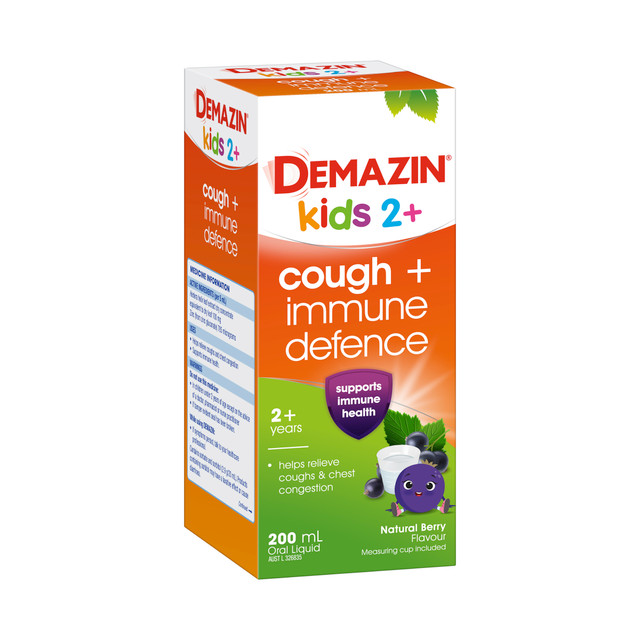 Demazin Kids 2+ Cough + Immune Defence Syrup Natural Berry Flavour 200mL Demazin Kids 2+ Cough + Immune Defence Syrup Natural Berry Flavour 200mL