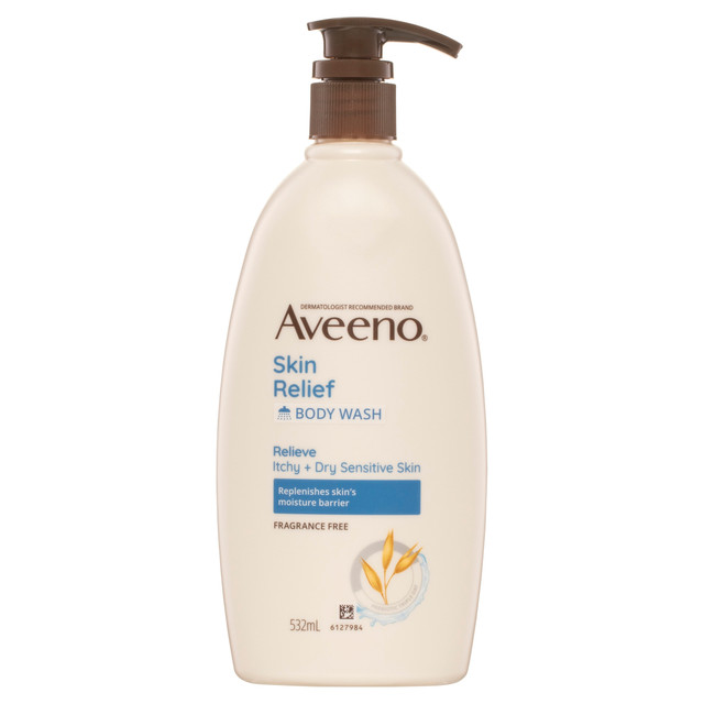 Aveeno Skin Relief Body Wash for Sensitive Skin, Fragrance Free Soap-Free Gentle Cleanser with Triple Oat Complex, Relieves Itchy Dry Skin, 532mL