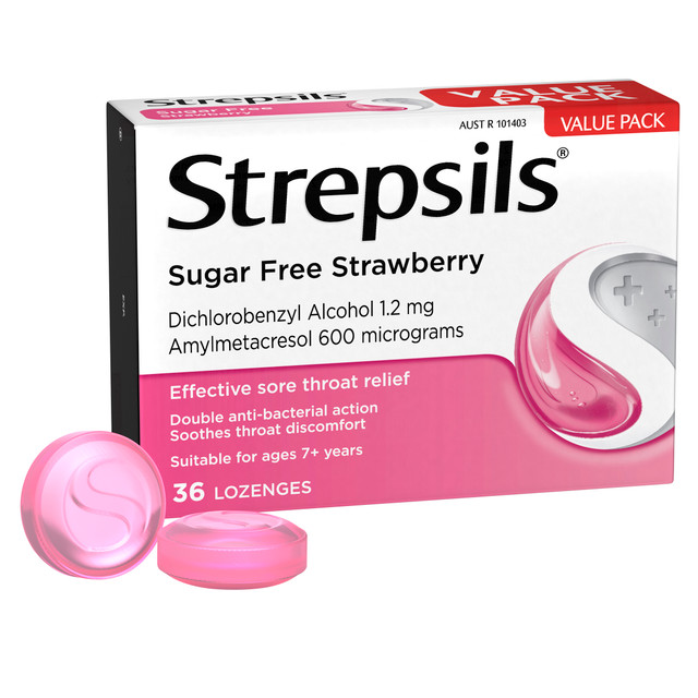Strepsils Sore Throat Relief Sugar Free Strawberry 36 Pack Strepsils Sore Throat Relief Sugar Free Strawberry 36 Pack