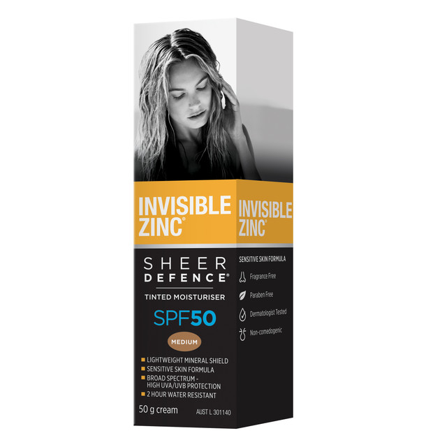 Invisible Zinc Sheer Defence Tinted Moisturiser SPF 50 Medium 50g Invisible Zinc Sheer Defence Tinted Moisturiser SPF 50 Medium 50g