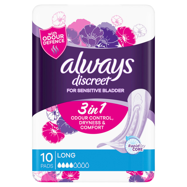 Always Discreet Long 10 Pads For Bladder Leak and Adult Incontinence