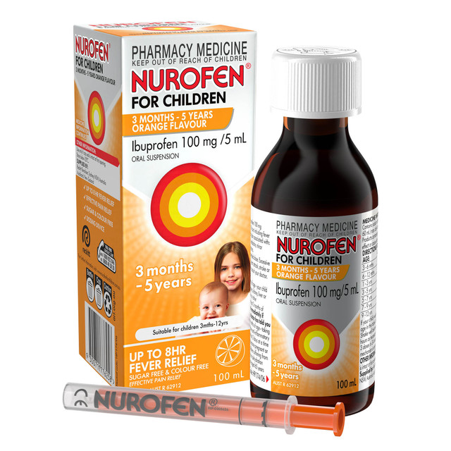 Nurofen For Children 3months - 5years Pain and Fever Relief 100mg/5mL Ibuprofen Orange 100mL