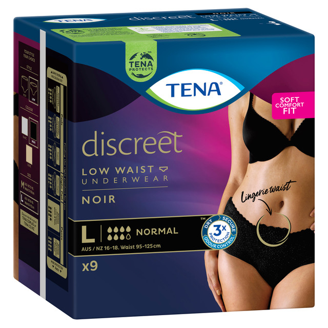 TENA Discreet Women's Lingerie Waist Underwear Black Large (L) 9 Pack