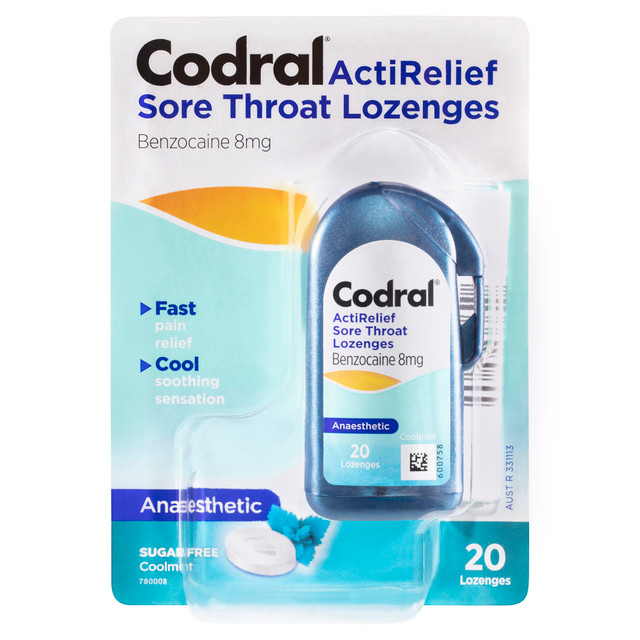 Codral ActiRelief Sore Throat Lozenges Anaesthetic Coolmint 20 Pack