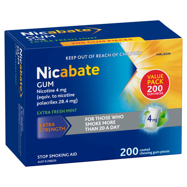 Nicabate Gum Stop Smoking Nicotine 4mg Extra Strength Extra Fresh Mint Coated Chewing Gum 200 Pack