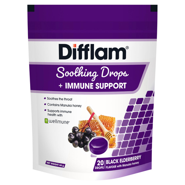 Difflam Soothing Throat Drops + Immune Support Black Elderberry flavour 20 Drops Difflam Soothing Throat Drops + Immune Support Black Elderberry flavour 20 Drops