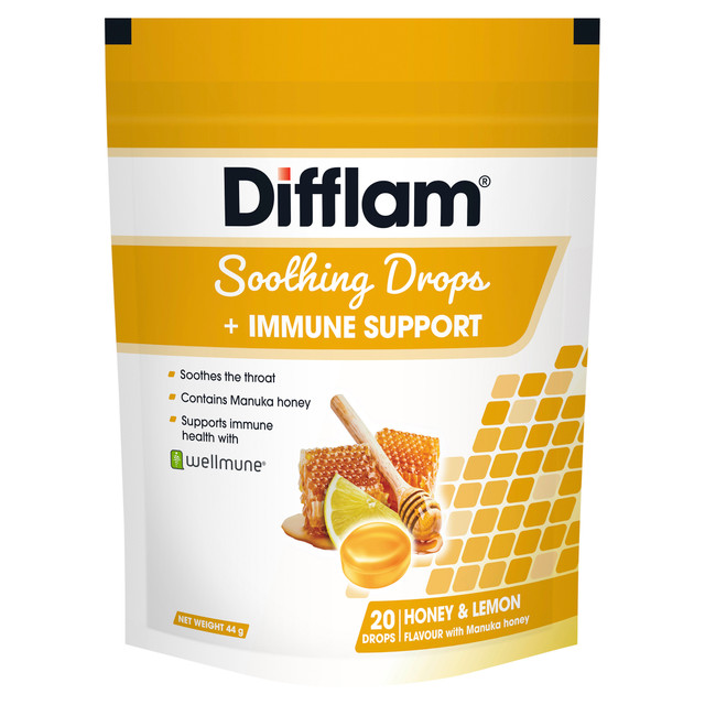 Difflam Soothing Throat Drops + Immune Support Honey & Lemon flavour 20 Drops