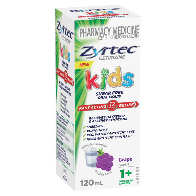 Zyrtec Kids Oral Liquid Sugar Free Cetirizine Antihistamine Allergy Relief Grape Flavour 120mL