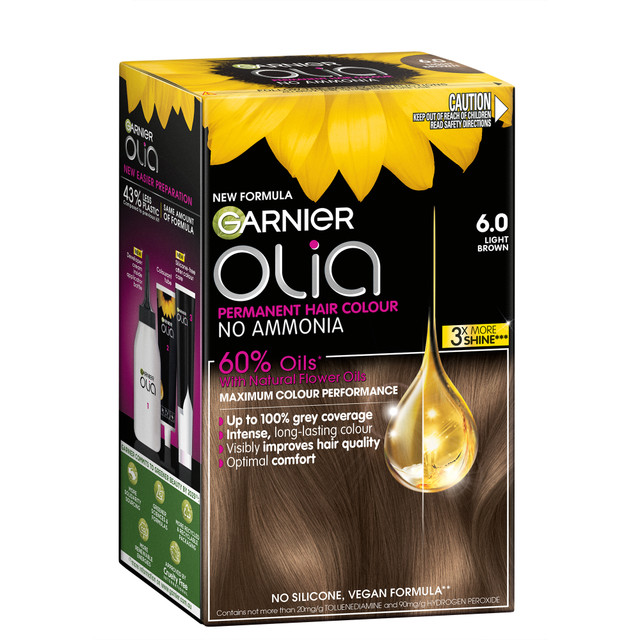 Garnier Olia Permanent Hair Colour, No Ammonia, 60% Oils for no visible damage, 6.0 Light Brown