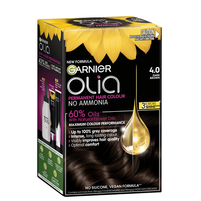 Garnier Olia Permanent Hair Colour, No Ammonia, 60% Oils for no visible damage, 4.0 Dark Brown