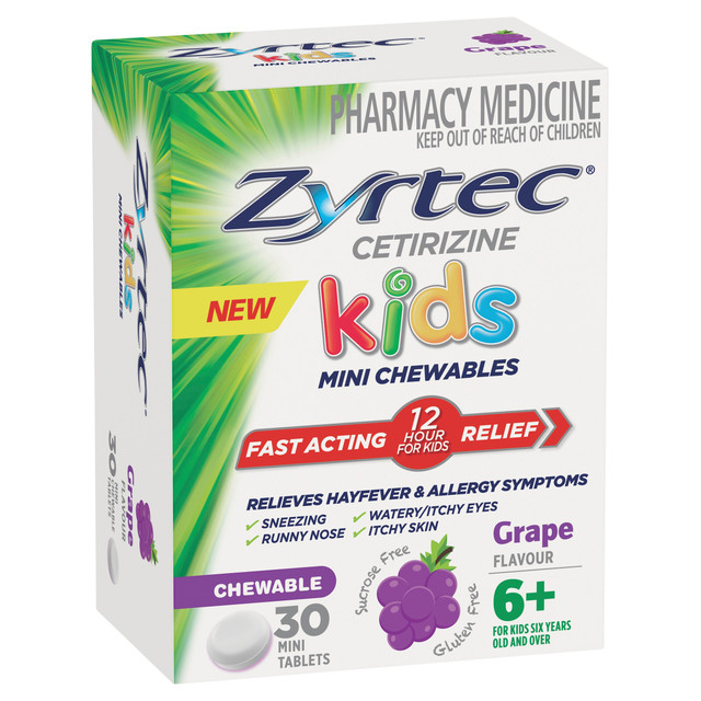 Zyrtec Kids Mini Chewables Cetirizine Antihistamine Allergy Relief Tablets Grape Flavour 30 Pack