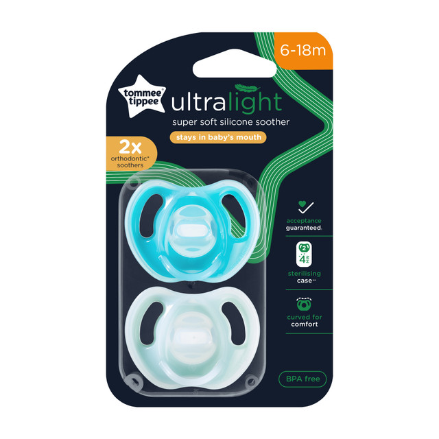 Tommee Tippee Ultra-light Soothers, 6-18 months, 2 pack of  one piece silicone, BPA free soothers