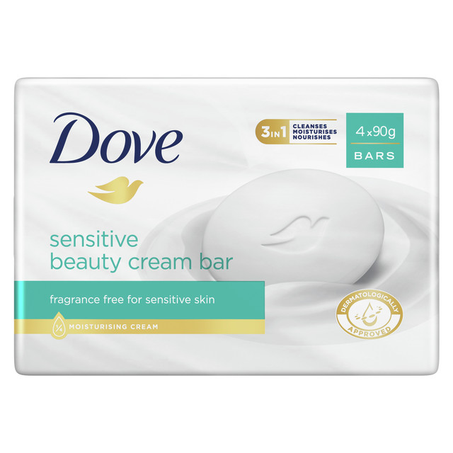 Dove Beauty Cream Bar for soft, smooth, healthy-looking skin Sensitive with 1/4 moisturising cream 4 x 90 g