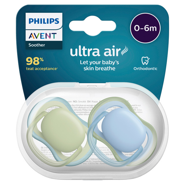 Philips Avent Ultra Air Soother, 0-6 months, Plain Mixed 2-pack, SCF085/28 Philips Avent Ultra Air Soother, 0-6 months, Plain Mixed 2-pack, SCF085/28