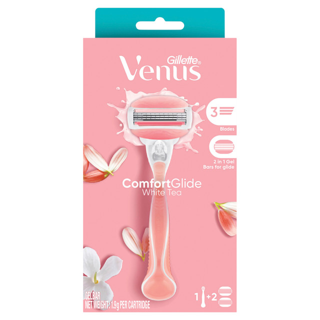 Gillette Venus Comfortglide White Tea Women's Razor, with flexible soap bars, 1 Razor Handle + 2 Blade Refills